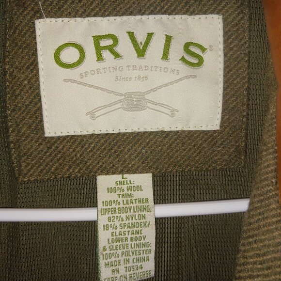 Orvis Wool & Leather Hunting Shooting Field Jacket L Herringbone Lined Full Zip - Picture 14 of 15